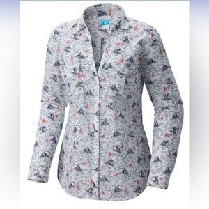 Columbia Women's Button Down Shirt - White with Red and Blue Print